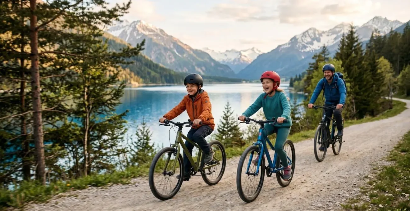 Deux enfants pédalant sur la voie verte sécurisée du lac d'Annecy, accompagnés d'un adulte