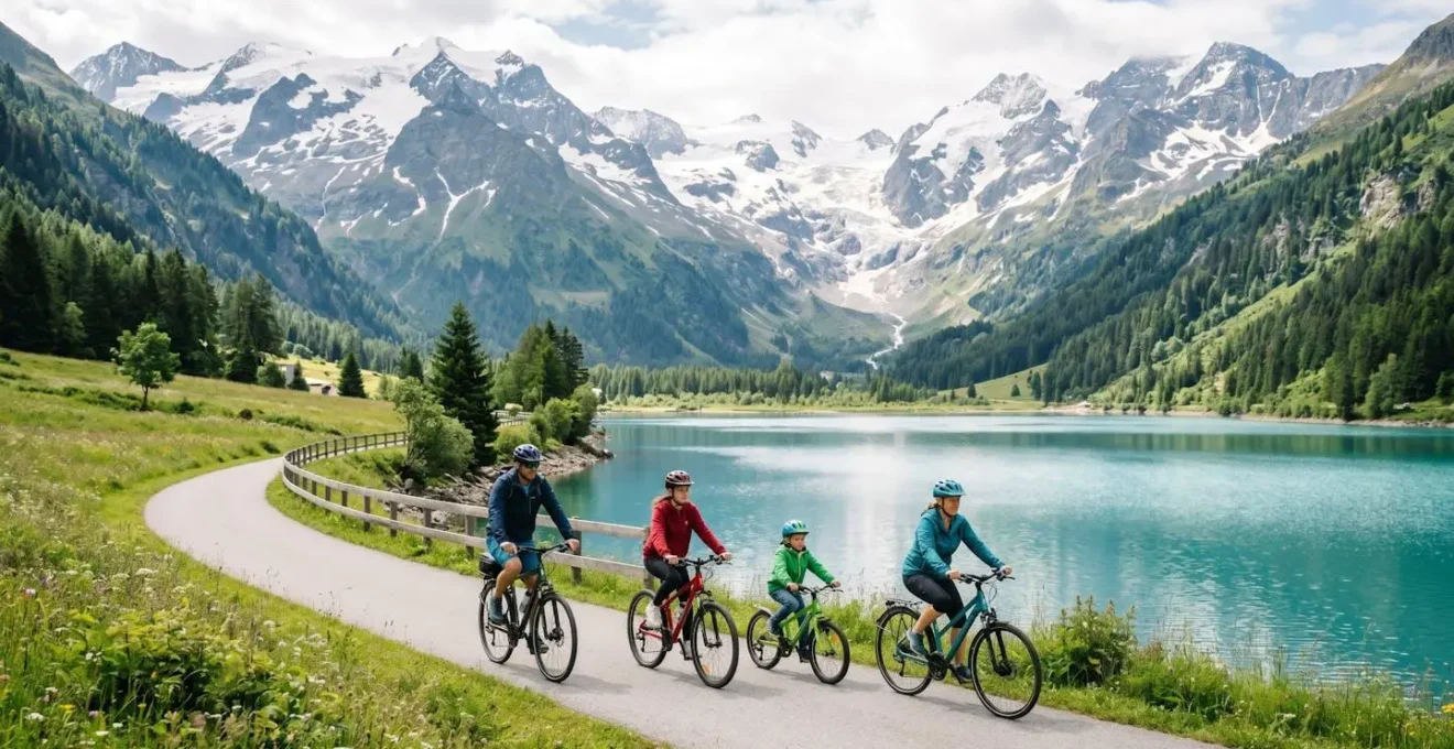 Famille à vélo sur une piste cyclable longeant le lac d'Annecy avec vue sur les montagnes