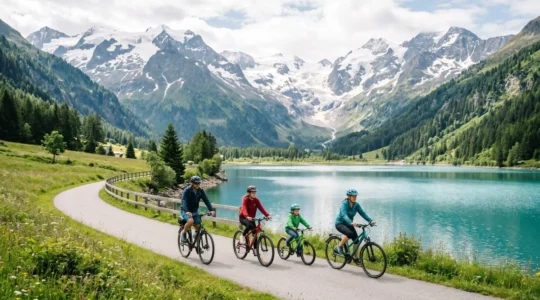 Famille à vélo sur une piste cyclable longeant le lac d'Annecy avec vue sur les montagnes