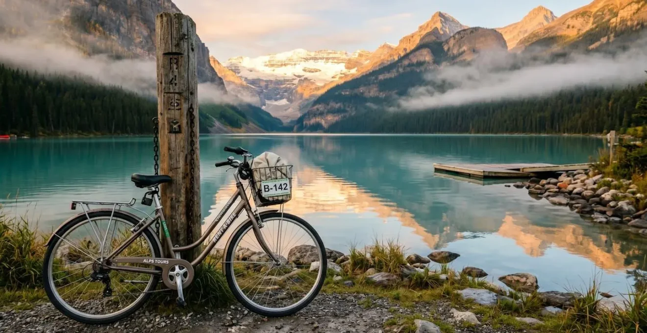 Vélo de location garé contre un poteau en bois au bord du lac d'Annecy au lever du soleil